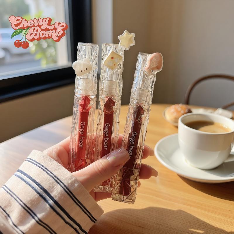 (Cherry Bomb) Gege Bear Crystal Transparent Lipstick - Long-Lasting Mirror Glaze Easy To Color Lip G