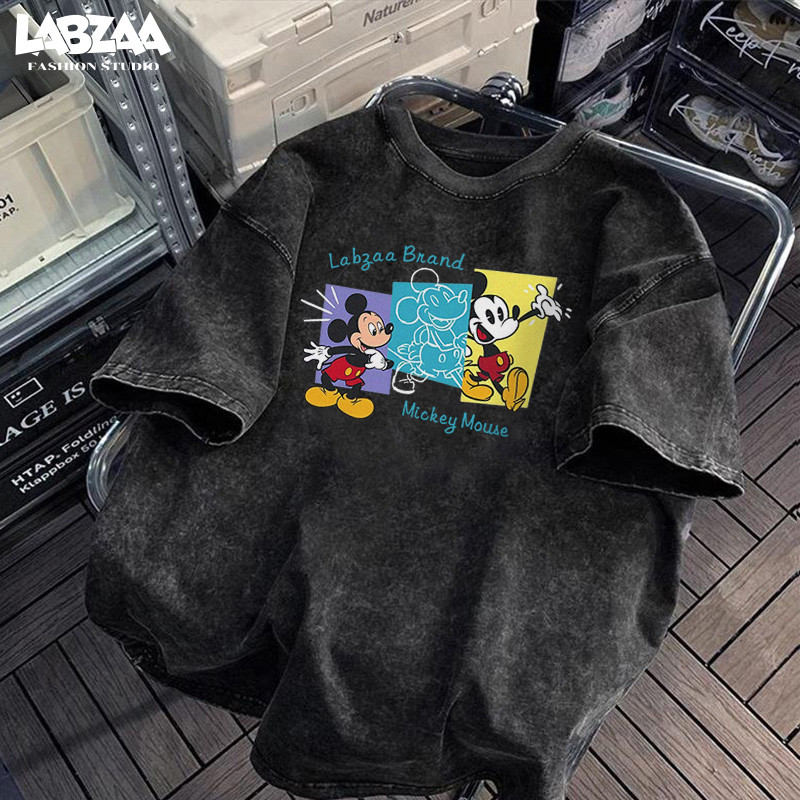 LABZAA ยอดนิยมสไตล์อเมริกัน เสื้อยืดทรงหลวม ลายพิมพ์การ์ตูน Mickey Mouse ใส่สบาย ผ้าหนายับยากรีดง่าย ผ้าฝ้าย YG3949 ราคา ถูกที่สุด ดีลบีเคเค