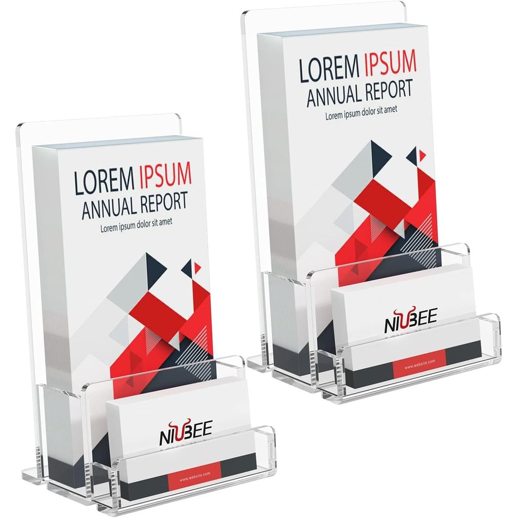 NIUBEE 2-Pack Acrylic Brochure Holder 4 , Clear Brochure Display Stand with Acrylic Business Card Ho