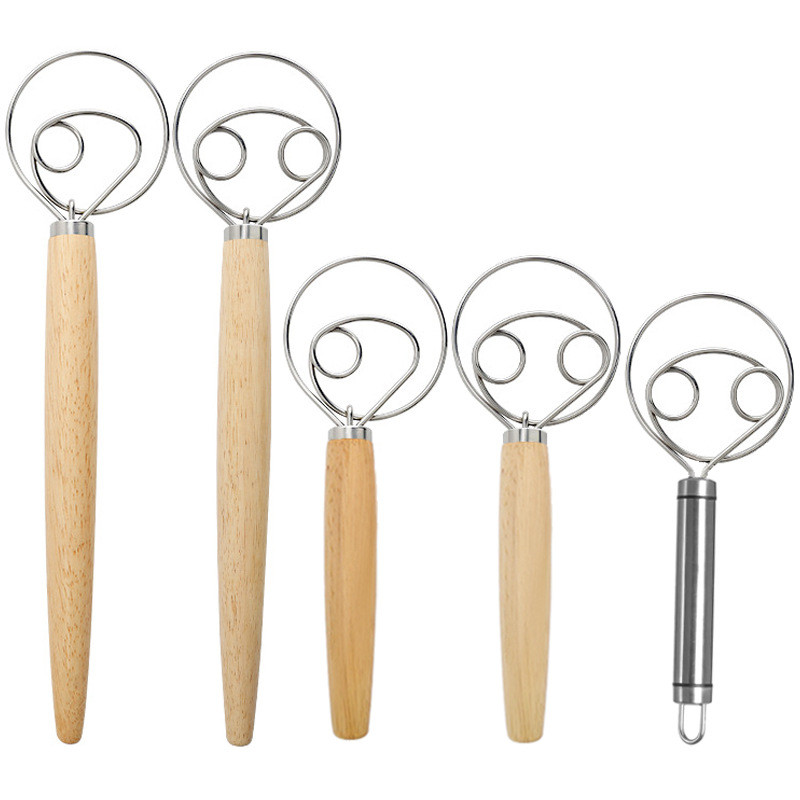 43ซม.Oak Handleแป้งBeaterแป้งผสมเดนมาร์กDough MixerสแตนเลสCoil Whiskเครื่องมือSYM0