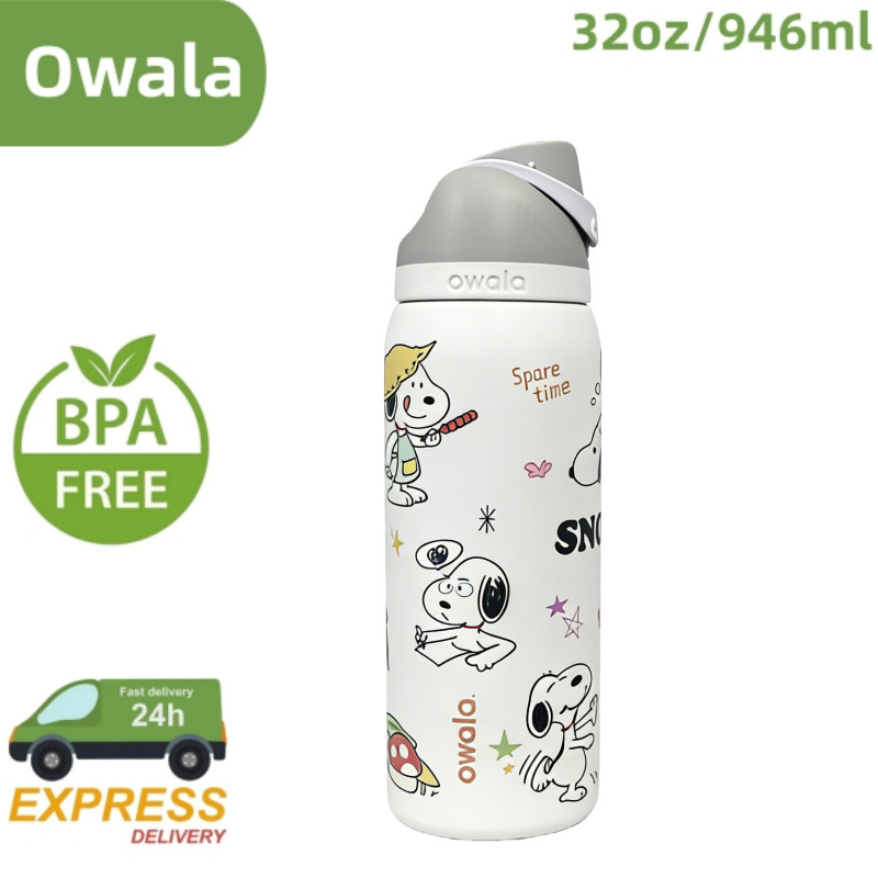 Owala FreeSip ขวดน้ํา 24 ออนซ์พร้อมหลอด - สแตนเลสหุ้มฉนวน ผลัก-ก้นมือเดียว ป้องกันการรั่วซึมสําหรับยิม