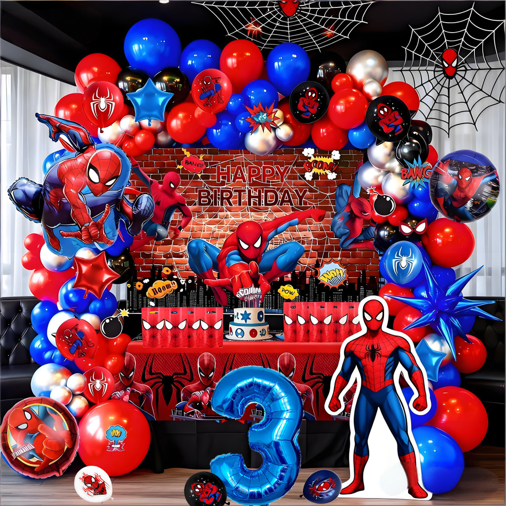 84 ชิ้น/เซ็ต SpiderMan Theme สีดําสีฟ้าสีแดงบอลลูนโลหะ Spiderman ฟอยล์บอลลูนและ 2D ฉากหลังผ้าสําหรับ