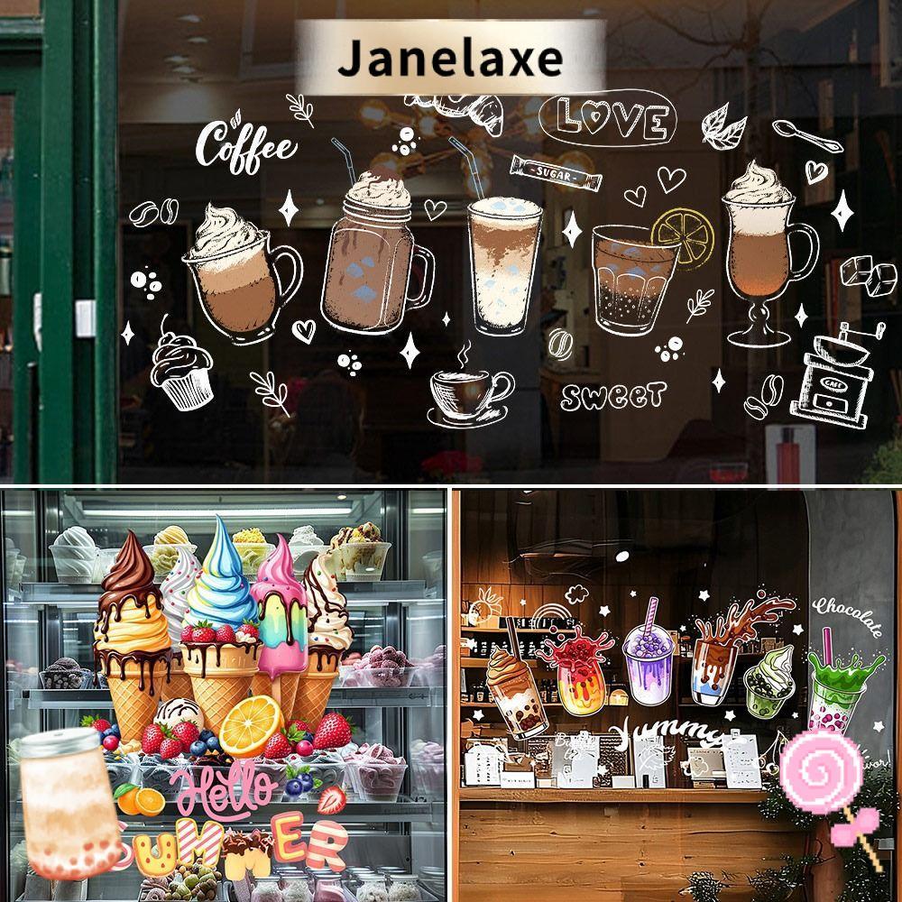 JANELAXE สติ๊กเกอร์ติดหน้าต่างแบบคงที่, ถ้วยชานมการ์ตูน Ice Cream Shopwindow สติ๊กเกอร์ประตูกระจกหลากสี ขนมปังคาเฟ่ ร้านขนมปัง