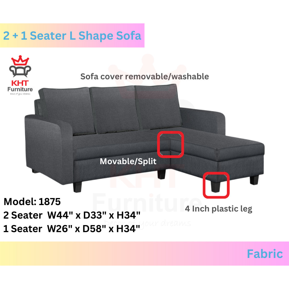 (KL & Selangor) Fabric Modern Sofa  Water Resistant 2 + 1 Seater L Shape Sofa (1875)