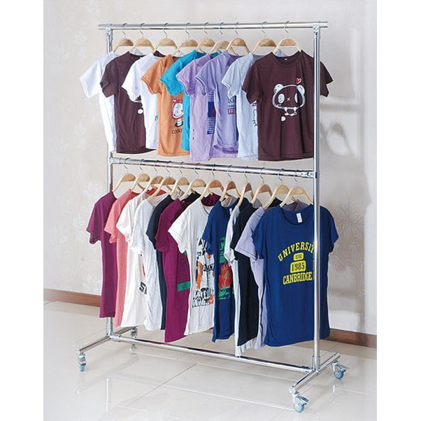 Stainless Steel Cloth Clothing Clothes Laundry Baju Hanger And Organizer Garment Rack Wheel Double P