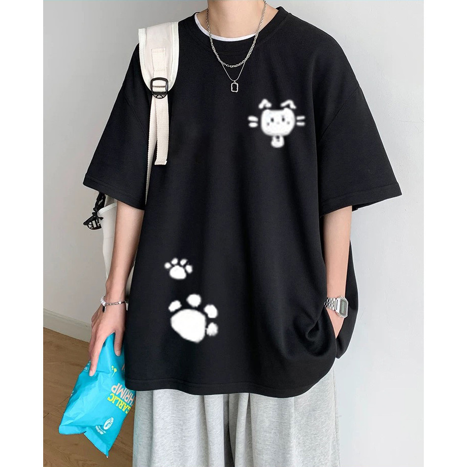 CODPolyester ผ้าสไตล์อเมริกันแฟชั่นลําลองสีขาว Angel Cat เสื้อยืดแขนสั้น Unisex รอบคอหลวม Fit อเนกปร