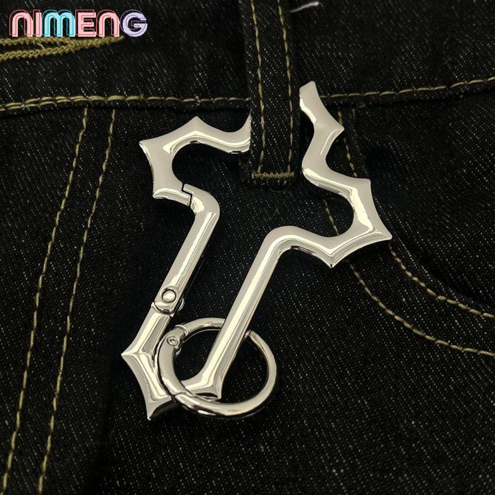 พวงกุญแจ NIMENG Cross Carabiner, Silver Solid Construction Crucix พวงกุญแจ, จี้เอวโลหะผสมสังกะสีสไตล์ Y2K กิจกรรมกลางแจ้ง