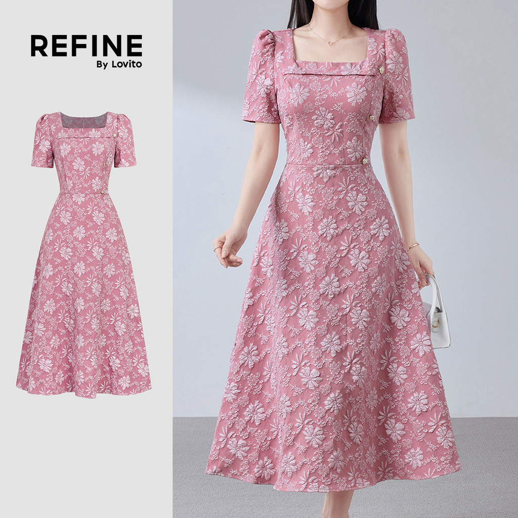 (Refine by Lovito) เดรสผู้หญิงผ้าแจ็คการ์ด สีชมพูเทาสไตล์หรูสําหรับฤดูใบไม้ผลิ/ฤดูร้อน LR35E073