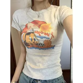 ตัวอักษรการ์ตูนพิมพ์เสื้อยืดแขนสั้นผู้หญิงผ้าฝ้าย เสื้อยืดคอปกผู้หญิง เสื้อยืดผู้หญิงแฟชั่นสวยๆ แฟชั่นสตรีท
