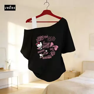 M-3XL Hello Kitty พิมพ์ลายหวาน เสื้อผ้าแฟชั่นตามกระแส เสื้อเชิ้ต T ของสาวอ้วน เสื้อสไตล์อเมริกัน เสื้อผ้าวินเทจหญิงเท่ๆ