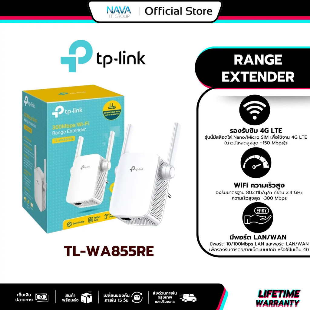 TP-LINK TL-WA855RE อุปกรณ์ขยายสัญญาณ WI-FI 300MBPS WI-FI RANGE EXTENDER ประกันตลอดการใช้งาน