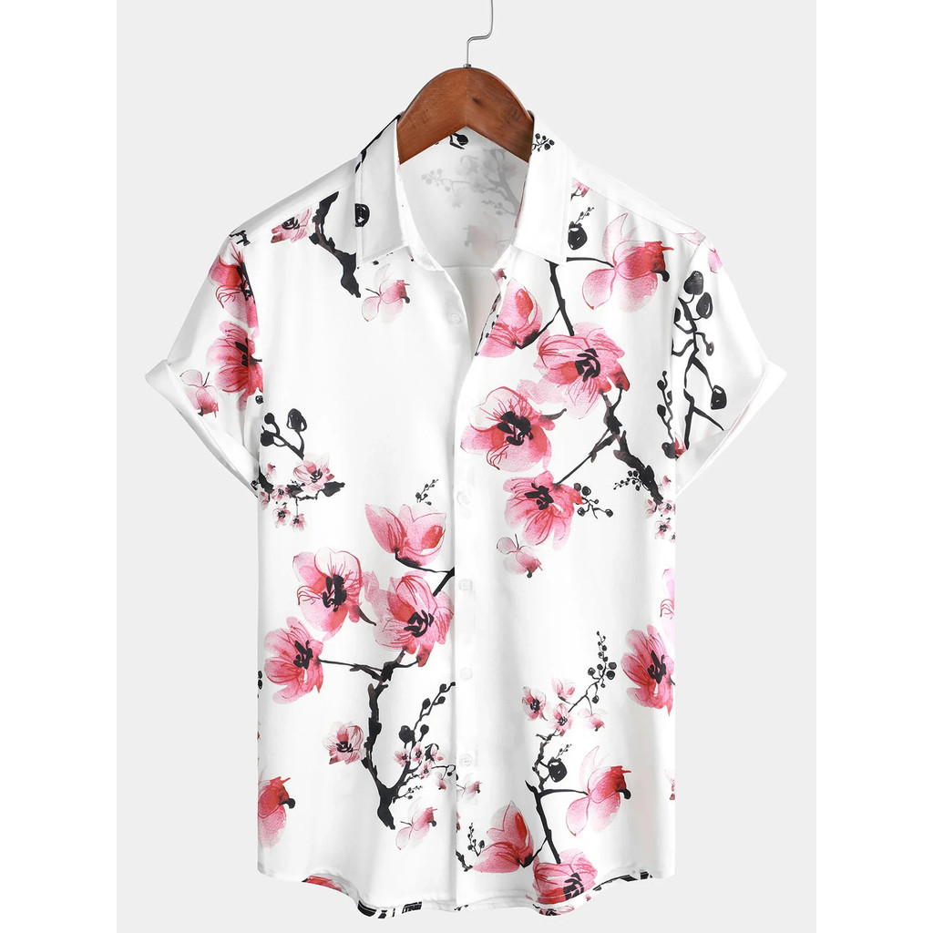 เสื้อแขนสั้นฮาวายสำหรับผู้ชาย สไตล์วินเทจ ลายดอกไม้สีฟ้า เหมาะสำหรับวันหยุดฤดูร้อน