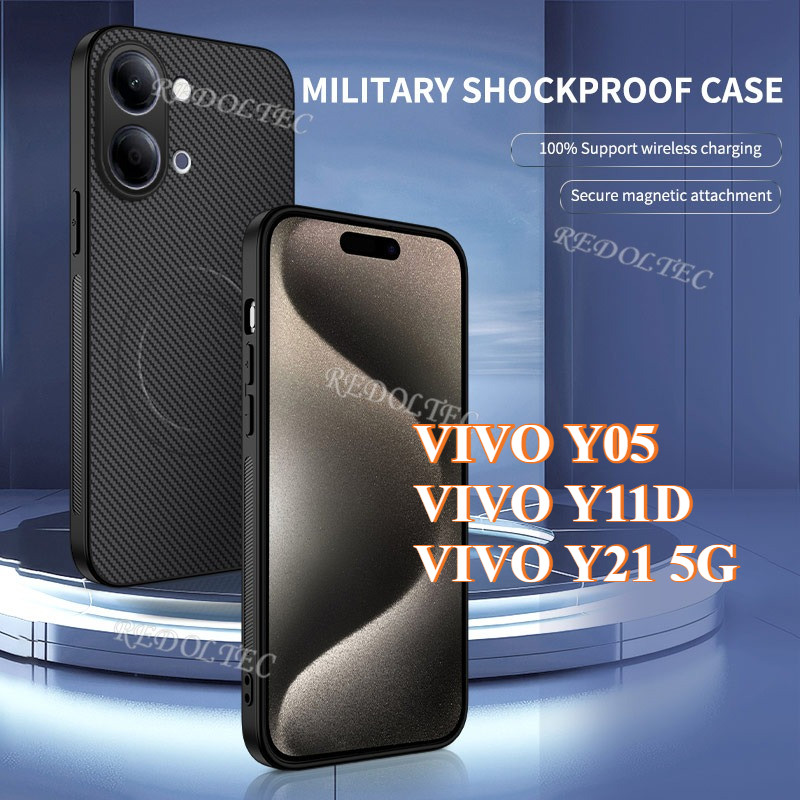 VIVO Y05 Y11D Y21 5G 2026 หนังกันกระแทกคาร์บอนไฟเบอร์รูปแบบปลอกแม่เหล็ก VIVO Y21 Y11D ชาร์จไร้สายกลับฝาครอบโทรศัพท์