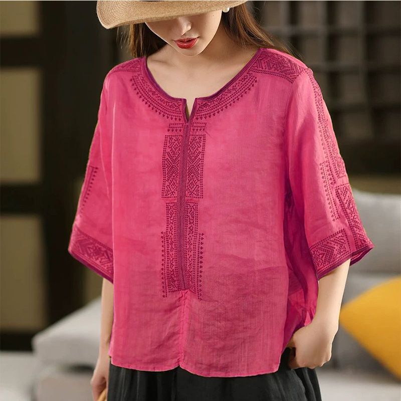 เสื้อยืดครึ่งแขนแบบเรโทรสไตล์ชาติพันธุ์ สำหรับผู้หญิง ใส่สบายในฤดูร้อน