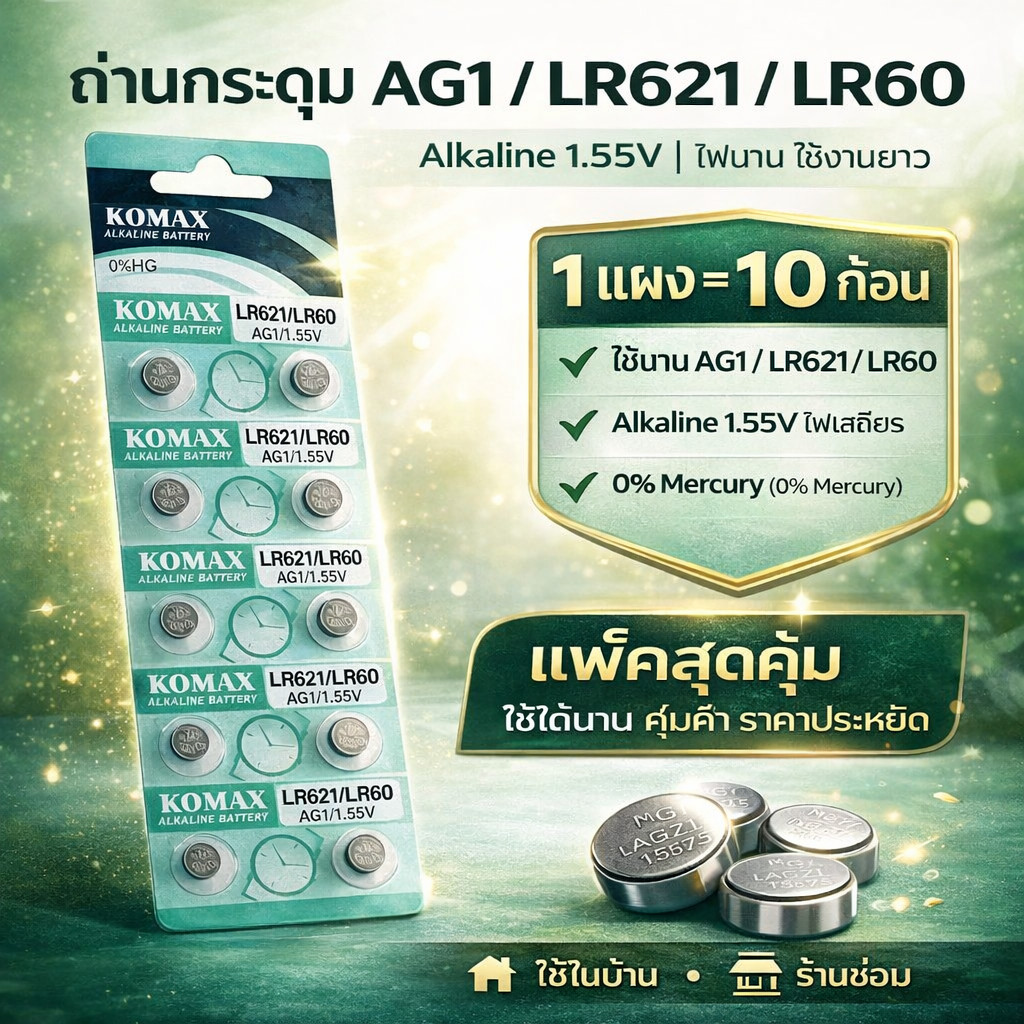 (แพ็ค 10 ชิ้น) ถ่านกระดุม LR60 1.5V อัลคาไลน์สำหรับนาฬิกา เครื่องคิดเลข และเครื่องช่วยฟัง เทียบเท่า 