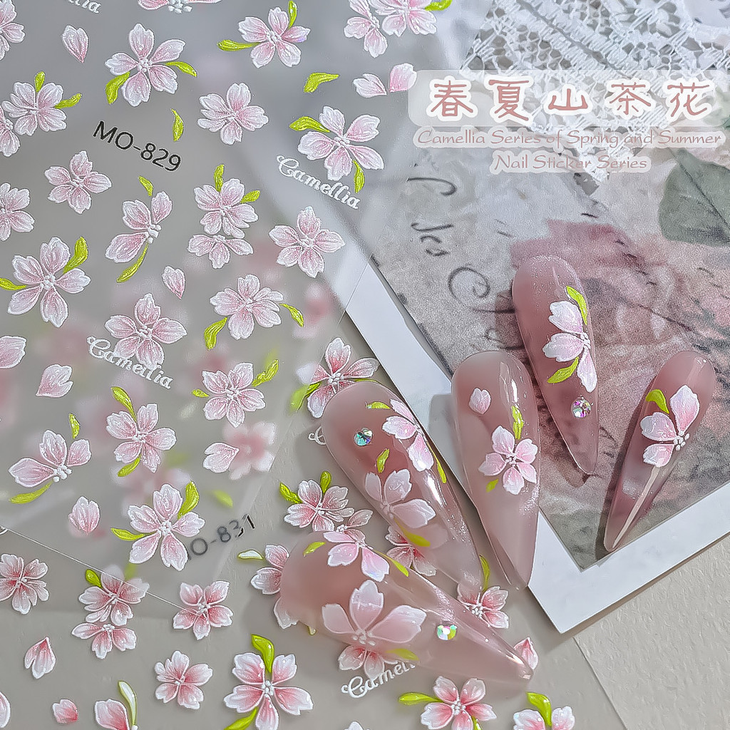 สไตล์ใหม่ฤดูใบไม้ผลิฤดูร้อน Camellia สติกเกอร์แต่งเล็บ Xiaohongshu ขายร้อนมือวาด Fairy Jelly นูนเชอร