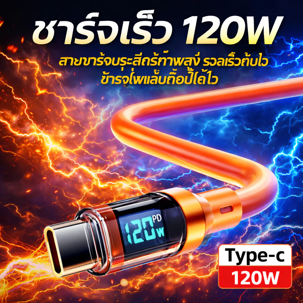 สายชาร์จเร็ว USB to Type-C 120W 6A หน้าจอดิจิตอล แสดงสถานะชาร์จ สายถักทนทาน รองรับหลายอุปกรณ์ ยาว 1M/2M