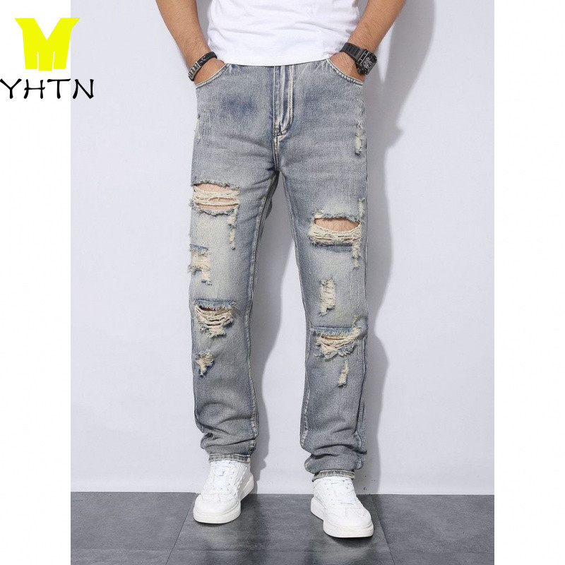 YHTN กางเกงยีนส์ชาย สีฟ้า ทรงใหม่ อินเทรนด์ ทนทาน สำหรับฤดูใบไม้ร่วง ฤดูใบไม้ผลิ และฤดูร้อน