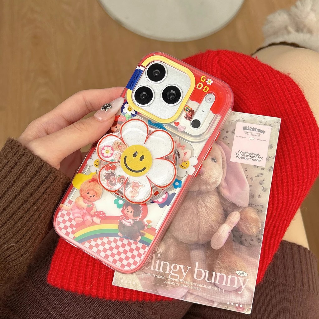 Magnetic Sunflower Monchhichiเคสโทรศัพท์โปร่งใสสําหรับiPhone 17 Pro Max, 16 Pro Max, 15 Pro Max, 14 Pro & iPhone 17