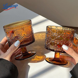 แก้วไวน์เตี้ยสีอำพัน 280ml สไตล์วินเทจ แก้วกาแฟ แก้วน้ำดีไซน์หรู ถ่ายรูปสวย ใช้ในคาเฟ่/บ้าน