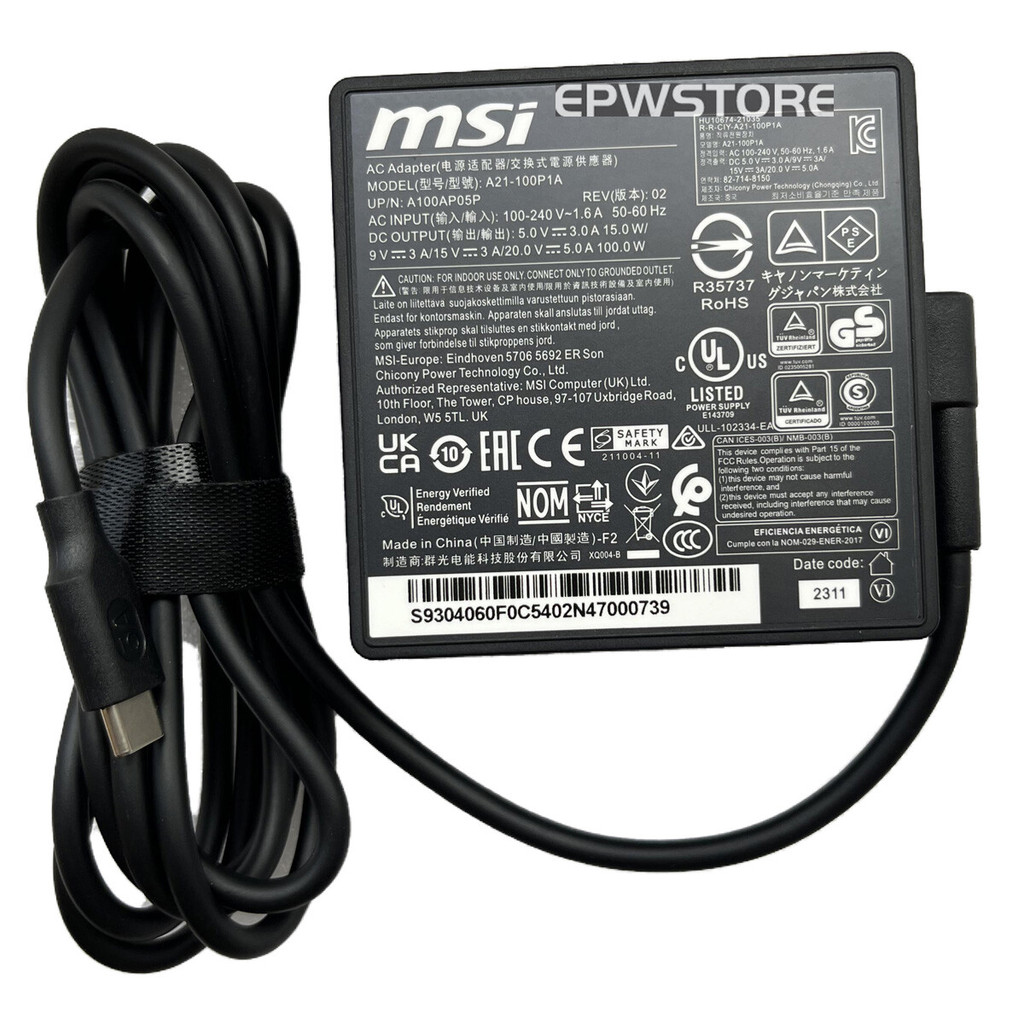 100W USB-C AC Adapter Charger สําหรับ MSI Prestige A16 AI + A3HMG-047AU 20V 5A TYPE-C