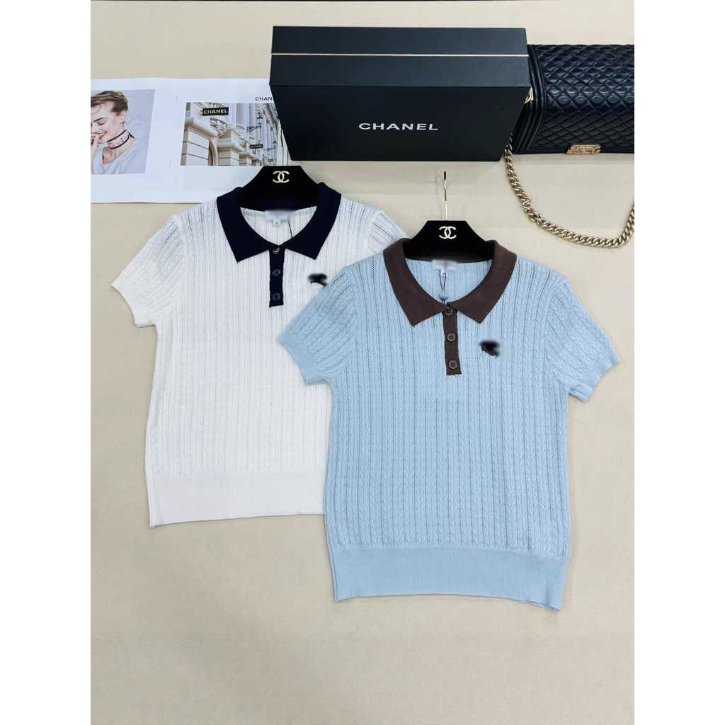 REB3 Cheel Two-tone color combination C Black label short-sleeve knitted shirt with a collar T Women