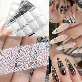 10 ม้วน/กล่องลูกไม้เล็บฟอยล์สติกเกอร์สีขาวสีดํา Transfer ฟอยล์ดอกไม้เล็บ Decals อะคริลิค DIY เล็บเล็บ Accessorie