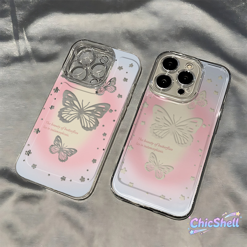 เคสไอโฟน ผีเสื้อสีชมพูกลวง เคสใส กันกล้อง cho iPhone 11 12 13 14 15 16 ProMax X XR XS Max 7 8Plus-CL