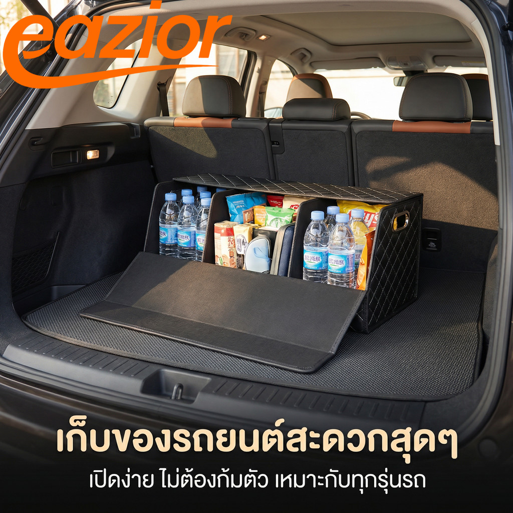 ที่จัดระเบียบท้ายรถกล่องเก็บของแบบพับได้กล่องท้ายรถหนัง ปู่ ความจุขนาดใหญ่ฝาปิดแม่เหล็ก ออแกไนเซอร์ในรถยนต์