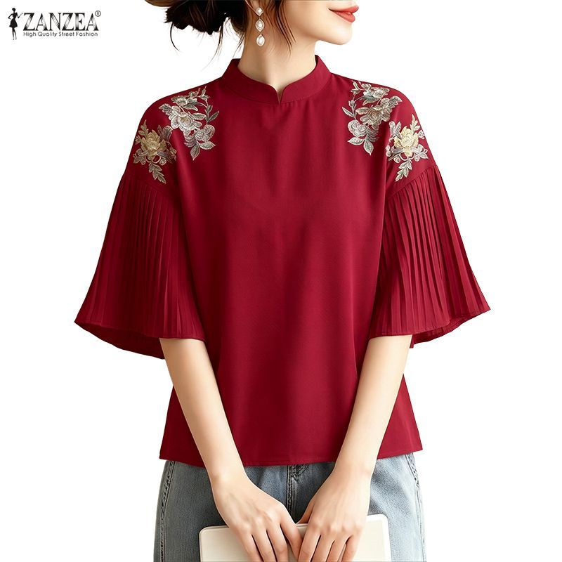 เสื้อยืนปกแขนสั้นสไตล์จีนใหม่ ลายดอกไม้สำหรับผู้หญิง