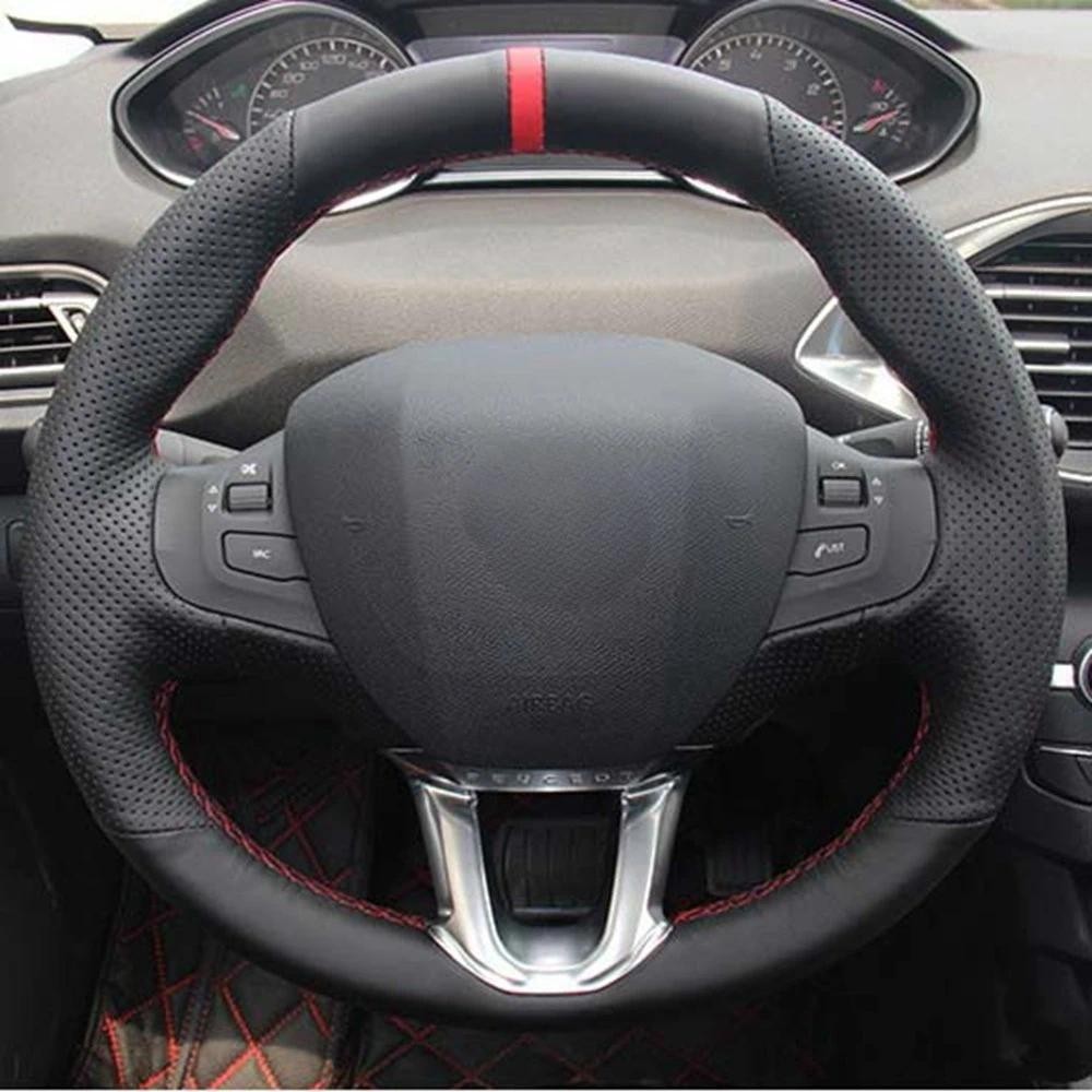 สีดําหนังเทียมพวงมาลัยรถสีแดง Marker สําหรับ Peugeot 208 Peugeot 2008 พวงมาลัย Auto Accessorie