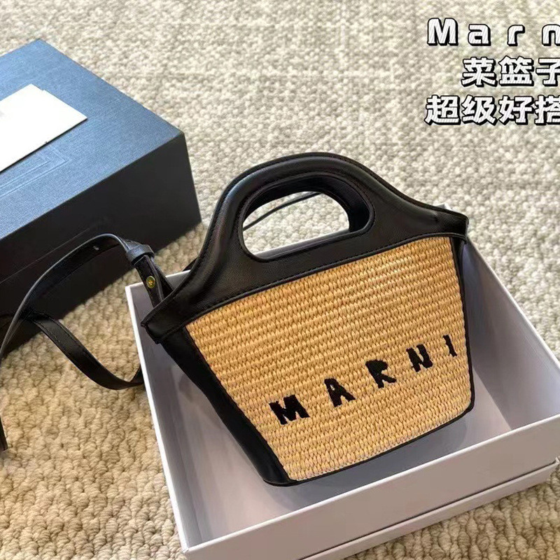 Marni Mini กระเป๋าสะพายไหล่แบบมินิ พันหนังไรวีย์ สไตล์สมัยใหม่สำหรับหญิง พร้อมสายคล้องบ่าเดียว