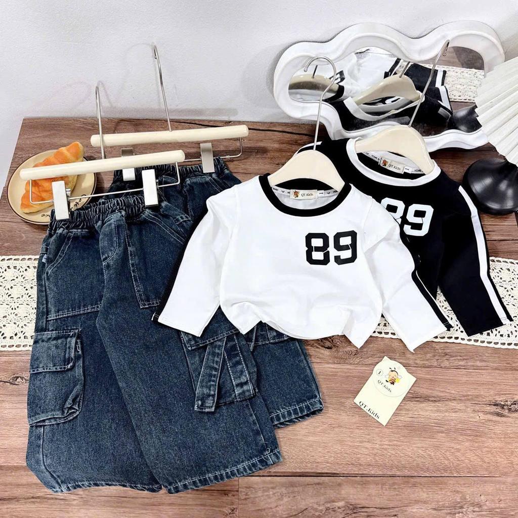 G341 (ขนาด 90-140) ชุดเซ็ทเสื้อแขนยาวลาย 89 และกางเกงยีนส์ผ้านิ่ม เท่ๆ