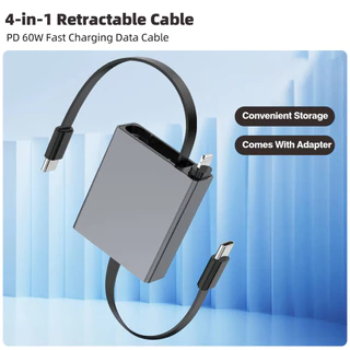 Fonken PD60W 4-in-1 สายชาร์จแบบพับเก็บได้ USB/Type C ถึง Type-C/iOS สายเคเบิลข้อมูลสําหรับโทรศัพท์