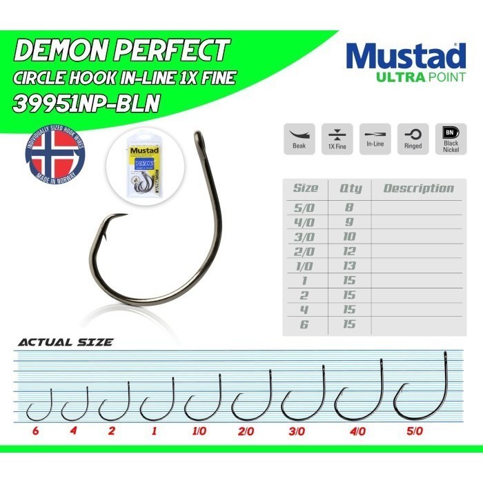 MATA Mustad DEMON PERFECT CIRCLE HOOK IN-LINE (Ultrapoint) Sharp HOOK