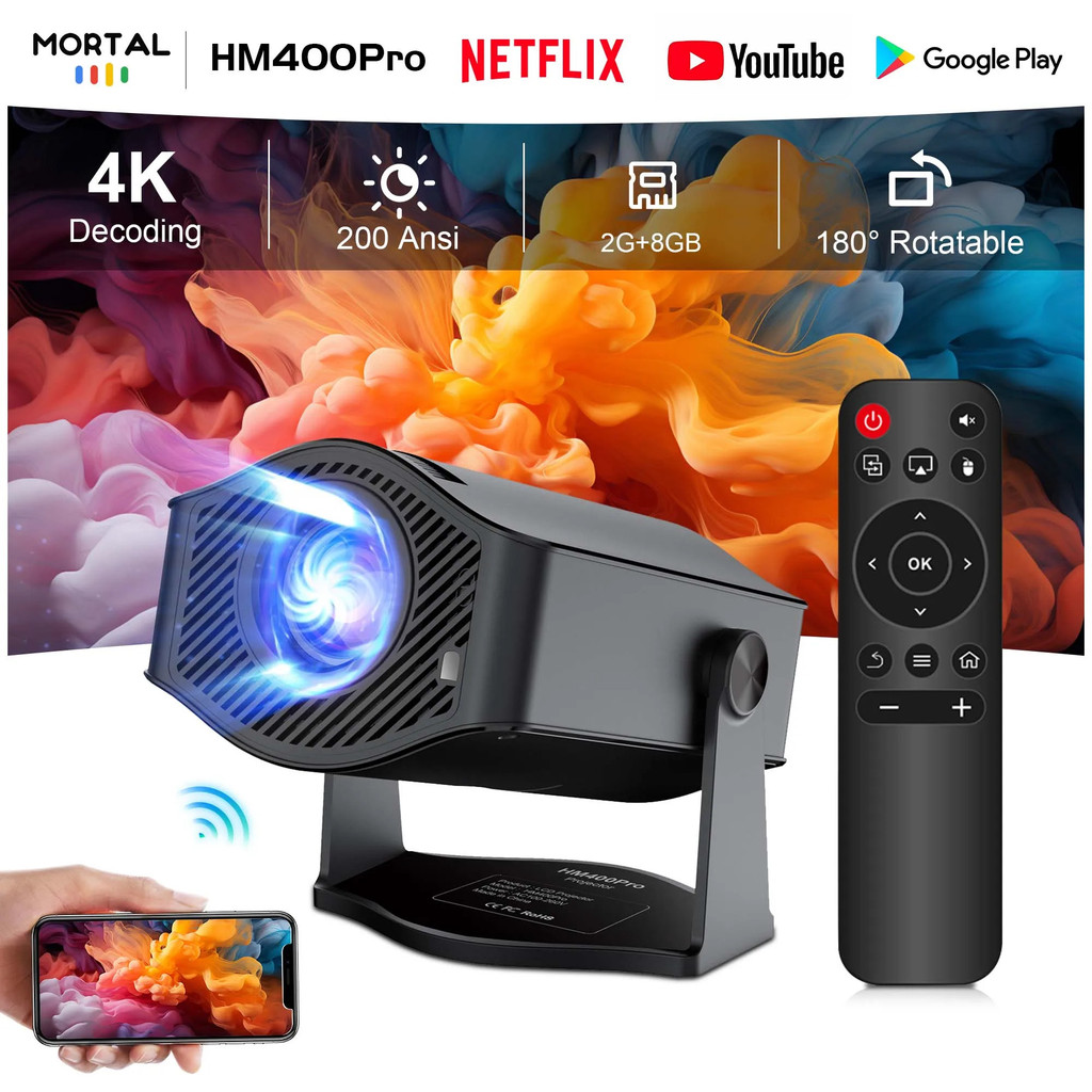 Stylish Projector Home Cinema Outdoor Projetor Hm400pro Vs Hy300 Pro 4k Android 11 Dual Wifi6 200ans