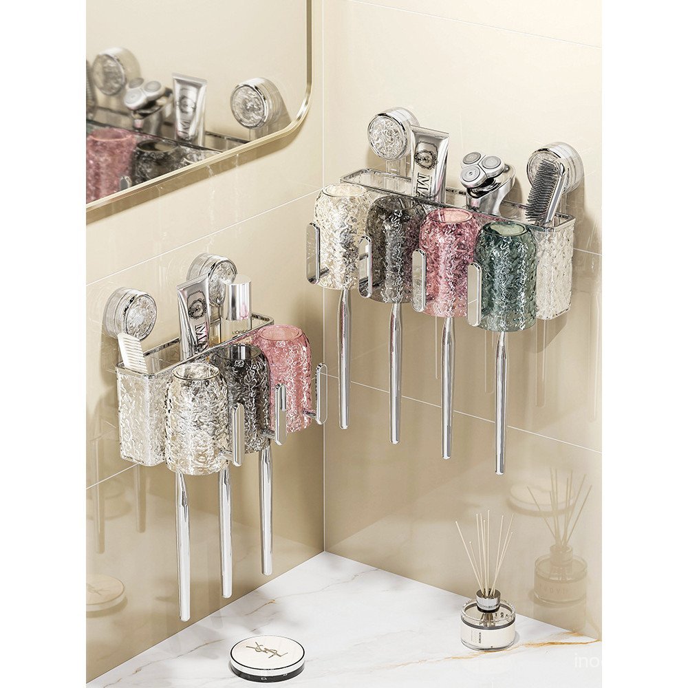 ห้องน้ําดูดถ้วยยาสีฟันถ้วยยาสีฟันติดผนัง 2024 ชั้นวางสไตล์ใหม่พร้อมที่จับเจาะฟรีชั้นวางแปรงสีฟันถือ 