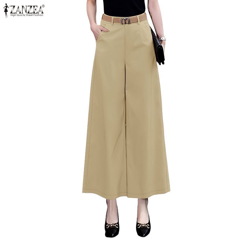 ZANZEA กางเกงcroppedขาบาน สไตล์เกาหลีเอวสูง มีกระเป๋า สำหรับสวมใส่งานและวันหยุด