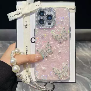 IMD Love เลเซอร์เคสโทรศัพท์สําหรับ iPhone 17 15 16 14 13 12 11 Pro Max แฟชั่น 3D Pearl Butterfly ฝาครอบป้องกัน