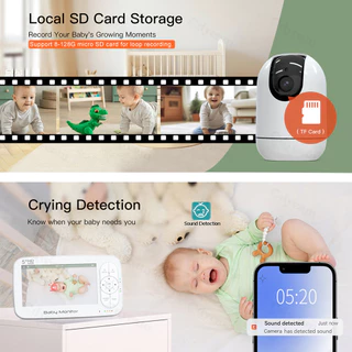 5 "จอแสดงผล WiFi Baby Monitor โทรศัพท์ APP ดูควบคุมด้วย Pan-Tilt-Zoom กล้องวิดีโอ Motion Cry Detection Night Vision Lullaby กล้องอุณหภูมิ