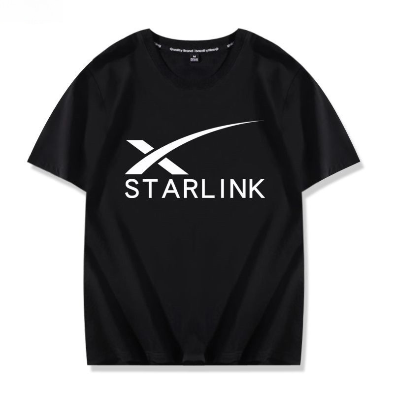 เสื้อยืดพิมพ์ลาย SpaceX และ Starlink ทรงหลวม สีดำ แขนสั้น