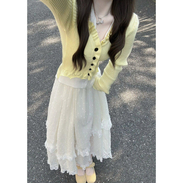 sweater set sculptor sweater เสื้อกันหนาวสำหรับผู้หญิง ทอแบบขี้เกียจ สไตล์ Pure Desire สีตัดกัน กระช