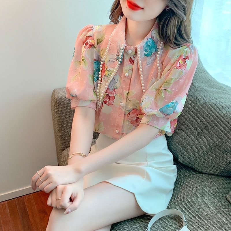 [4965คอลเลกชันคน]พัฟแขนเสื้อผู้หญิง2025ฤดูร้อนสไตล์ใหม่Niche DesignลูกปัดคอปกRetroพิมพ์แฟชั่นAll-Mat