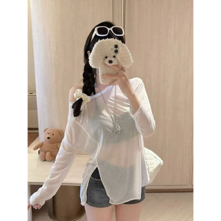 Vogue🌟พร้อมส่ง🌟 เสื้อคลุมคอกลม ผ้าชีฟองแขนยาว ดีเทลผ่าข้าง ทรงโอเวอร์ไซส์ เหมาะซัมเมอร์ฤดูร้อน (FY5558#1)