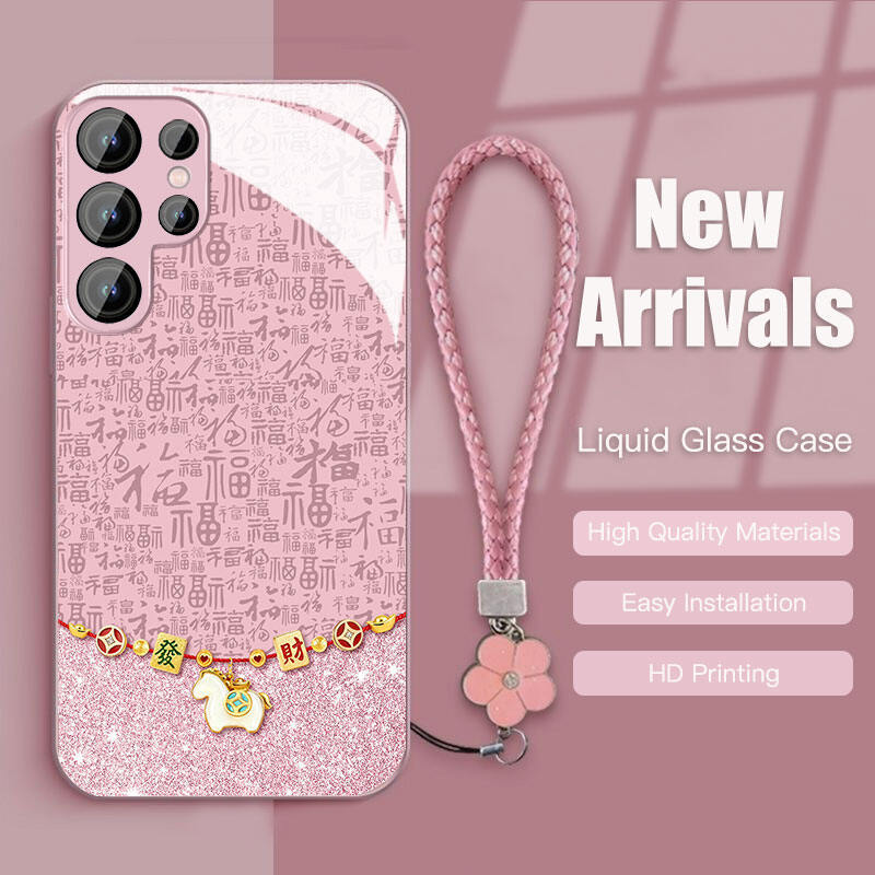 SAMSUNG Liquid Glassเคสโทรศัพท์สําหรับSamsung Galaxy S26Ultra S25 Ultra,S24 Ultra,S23 S22 A56 A55 Soft Edge Hardกลับปลอกดอกไม้สายคล้องมือS23FE A54 A34 A52 A53