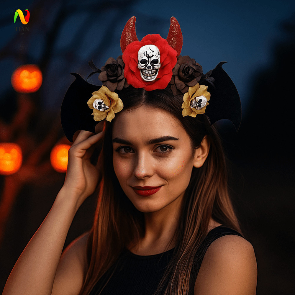 INQUIRY IMPACT Skull Head Hair Hoop, Gothic Dark ฮาโลวีน Skull แถบคาดศีรษะ, บุคลิกภาพค้างคาวตกแต่งจํ