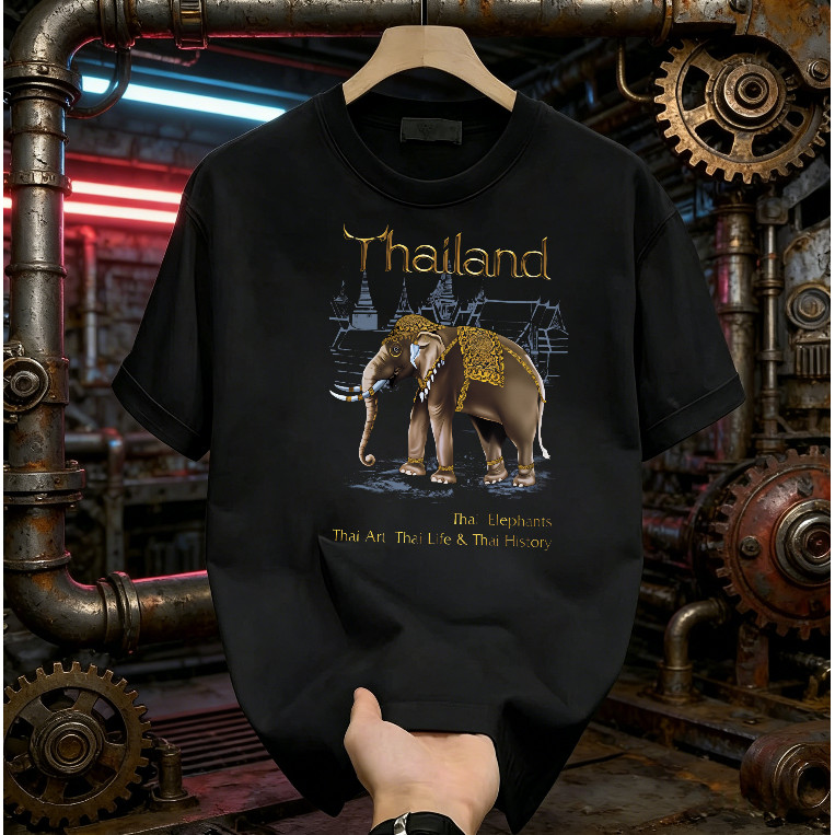 เสื้อยืดแขนสั้นคอกลม พิมพ์ลายช้าง ทำจากผ้าไหมนมสีขาบ