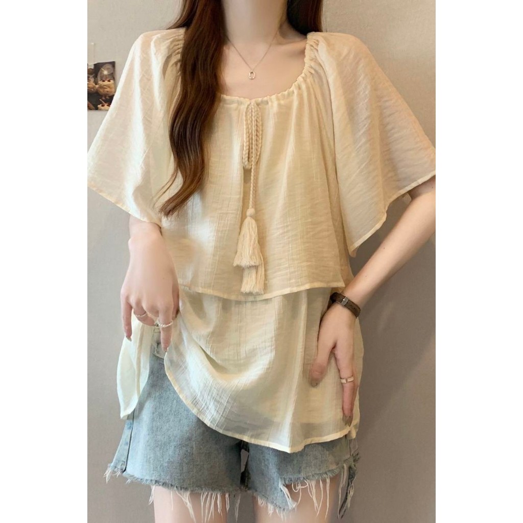 เสื้อชีฟองแขนสั้นสำหรับผู้หญิงแบบหลวมๆ มีพู่ Super Fairy สไตล์ chic จากฝรั่งเศส