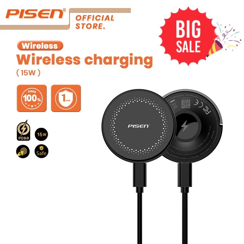 PISEN Magnetic Wireless Charger 15W Fast Charging สําหรับโทรศัพท์หูฟังบลูทูธนาฬิกา TP-C43