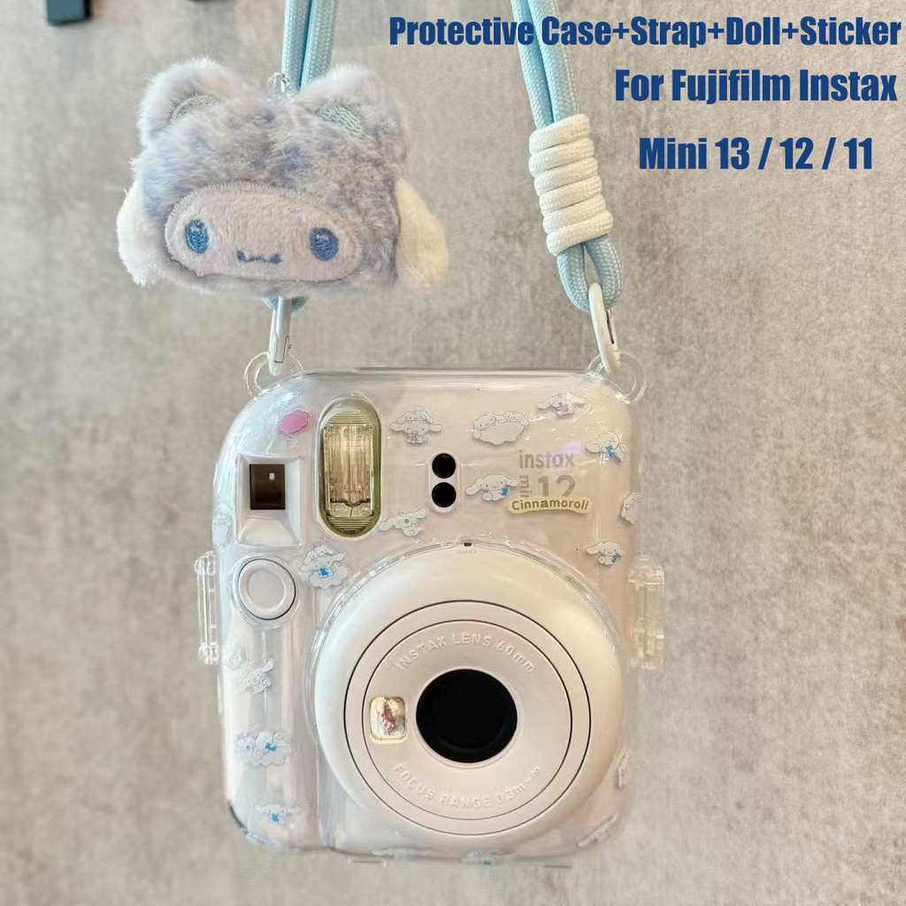 เคสป้องกันพร้อมสายคล้อง + ตุ๊กตา + สติกเกอร์สําหรับ Instax มินิ 13 / มินิ 12 / มินิ 11 กล้องเกราะป้องกันโปร่งใส
